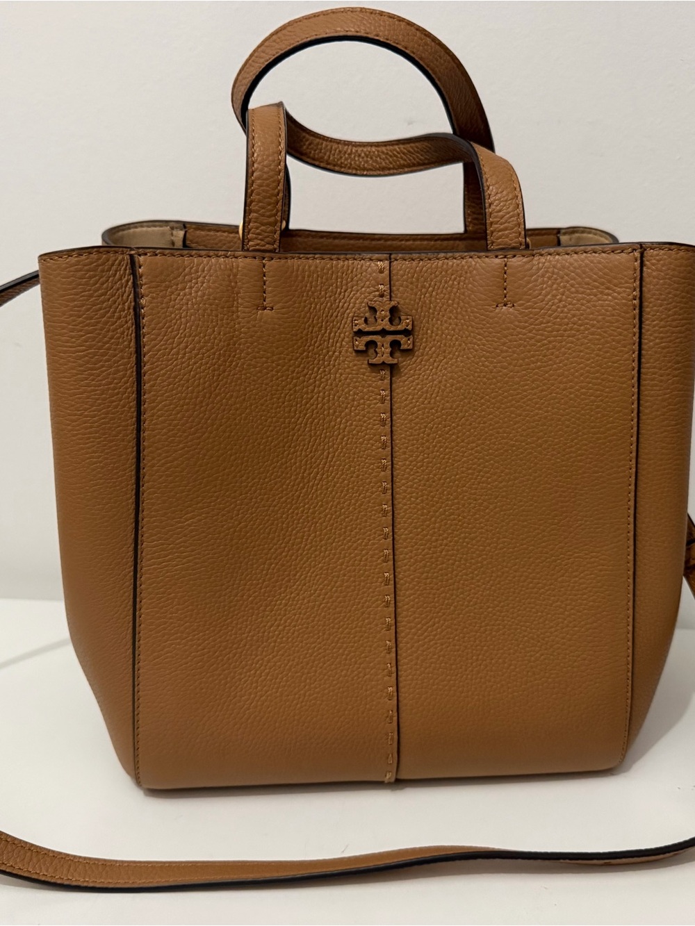 Tory Burch Tan Pebbled Leather Tote with Logo